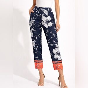 Haute Rogue Statement Floral Ankle Pants Navy Orange Hem Size S